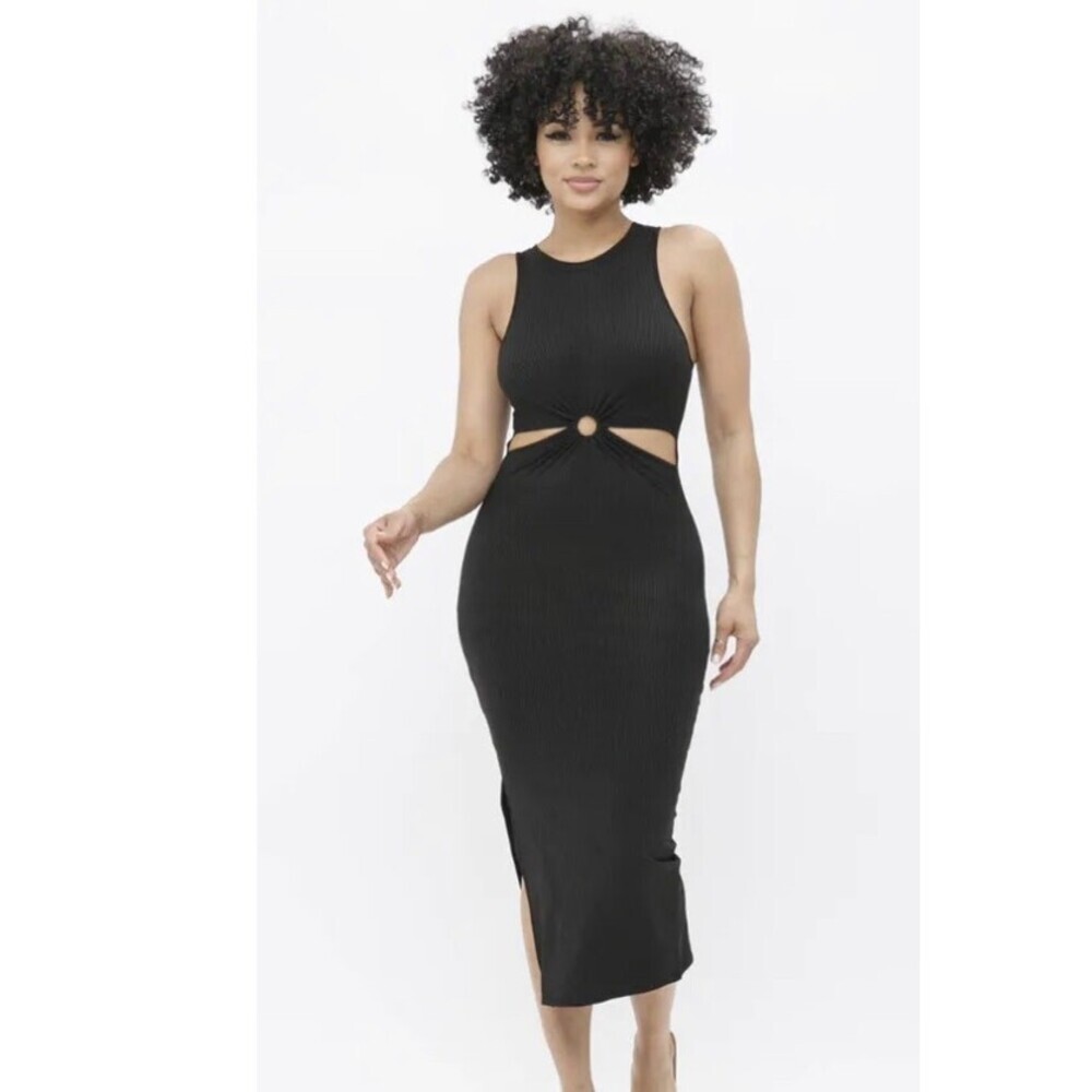 Love J. midi dress Mid/side cutout form fitting body con stretch SZ M black - Picture 1 of 7